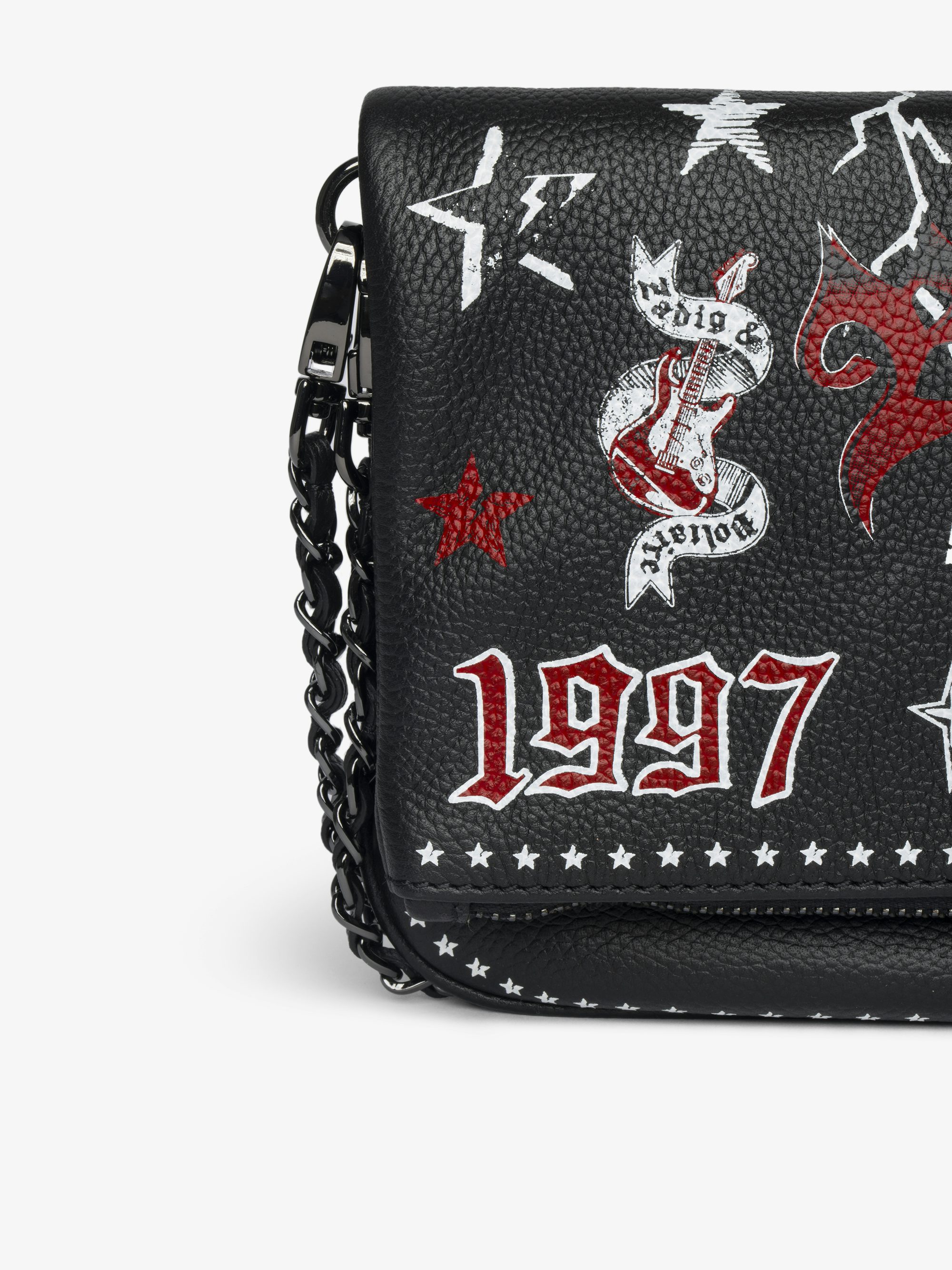 Rock Punk Clutch - Punk grained leather clutch with double leather and metal chain and rhinestone-embellished wings.